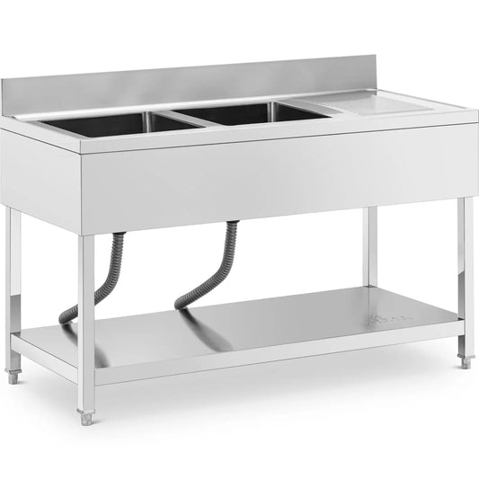Royal Catering Two-bowl pool sink with drainer, shelf and rim, 140 x 60 x 97 cm