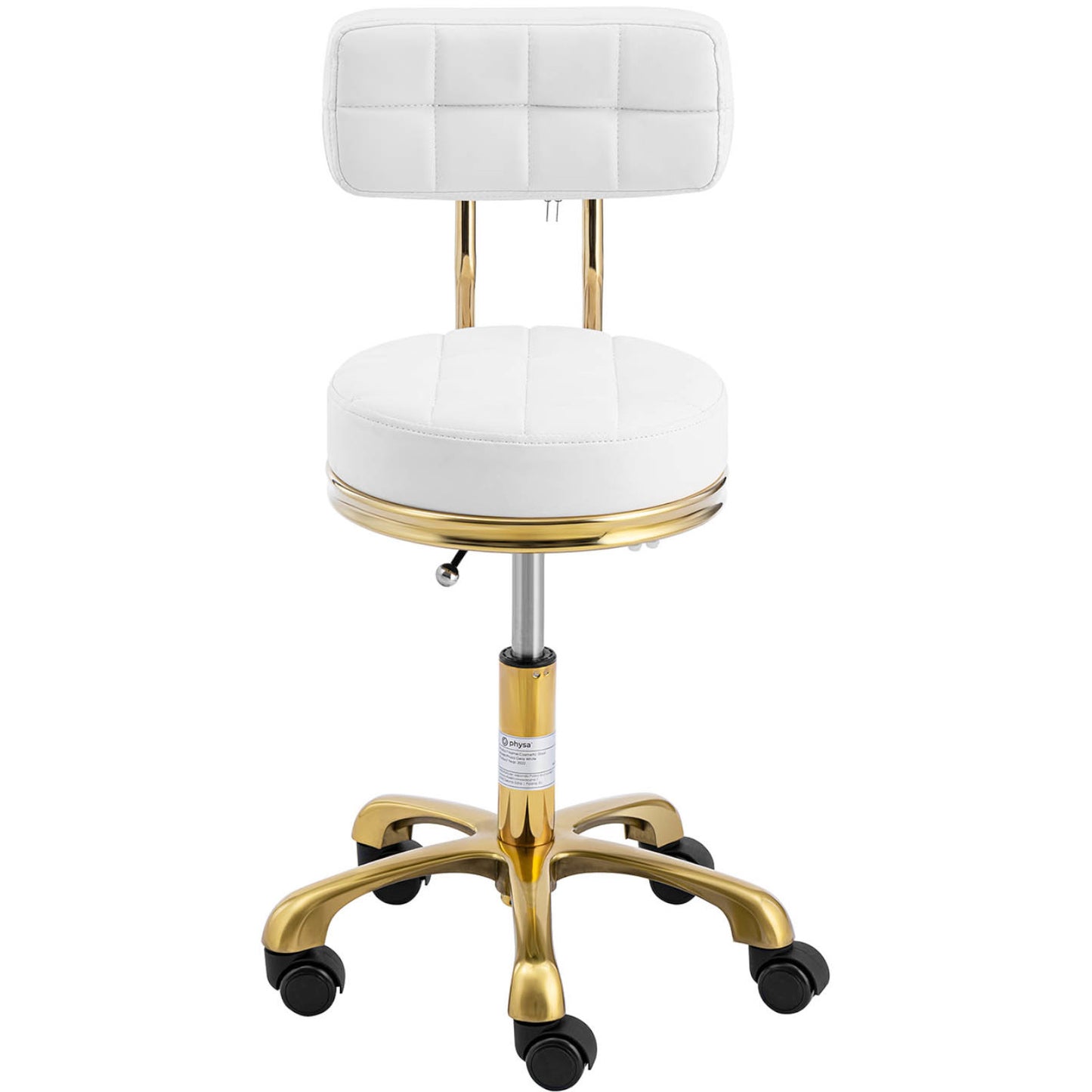 Physa Stool chair, cosmetic stool with backrest on wheels, up to 150 kg GELA, white and gold – image 6