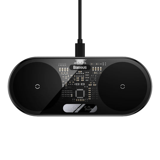 BASEUS Double QI wireless charger with USB-C 20W display - black
