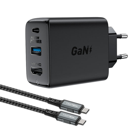 ACEFAST 2in1 Charger with USB-C cable + USB-C - HDMI 4K adapter, black