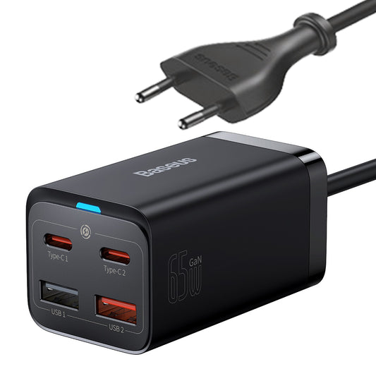 BASEUS GaN3 Pro fast charger 2x USB-C / 2x USB 65W PD QC + USB-C cable 1m black