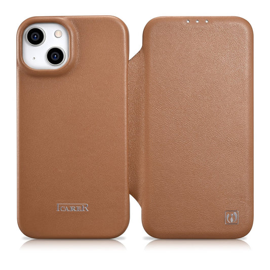 ICARER iPhone 14 Plus leather case with magnetic flap MagSafe CE Premium Leather light brown