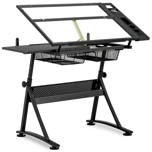 FROMMSTARCK Desk, glass drawing table with drawers for drawing and sketching, 120x60 cm
