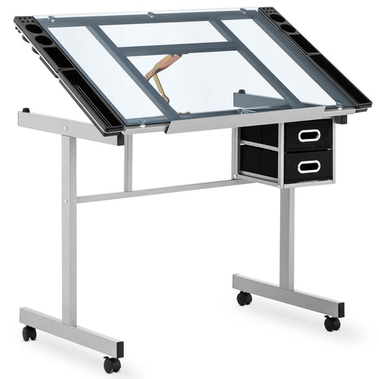 FROMMSTARCK Desk, mobile glass drawing table with drawers for drawing and sketching, 104x60 cm