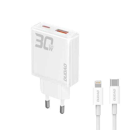 DUDAO GaN A30EUL 30W USB-A USB-C mains charger + USB-C - Lightning cable - white