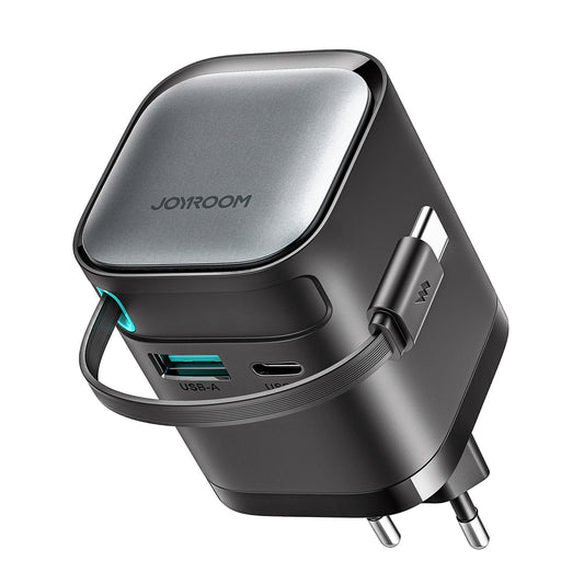 JOYROOM GaN 65W USB-A USB-C wall charger with built-in USB-C cable - black