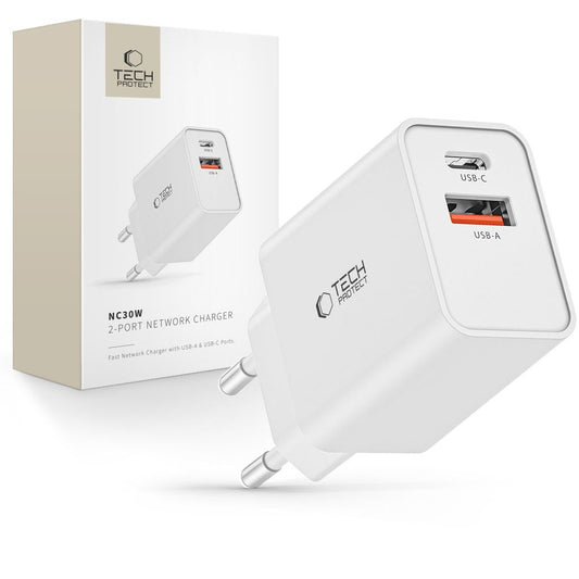 Tech-Protect USB-C PD / USB-A QC 30W wall charger - white