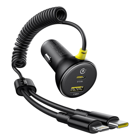 BASEUS USB-A USB-C car charger with iPhone Lightning USB-C cable 60W 1.4m - black