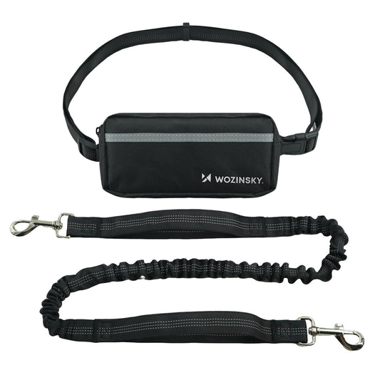 WOZINSKY Waist belt for running with a dog with a pouch and elastic leash - black