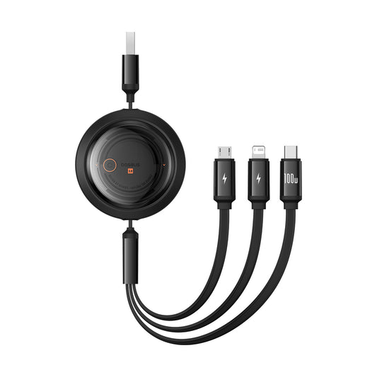 BASEUS 3in1 retractable cable USB-A - MicroUSB/Lightning/USB-C 100W 1.1m - black