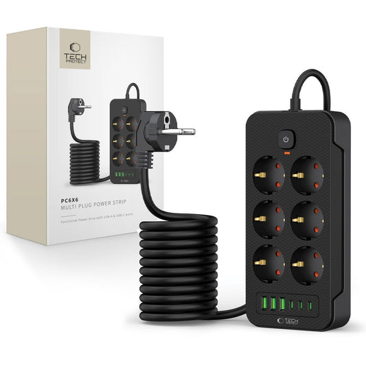 Tech-Protect Power strip extension cord 6 sockets 240V USB-A USB-C 2m - black