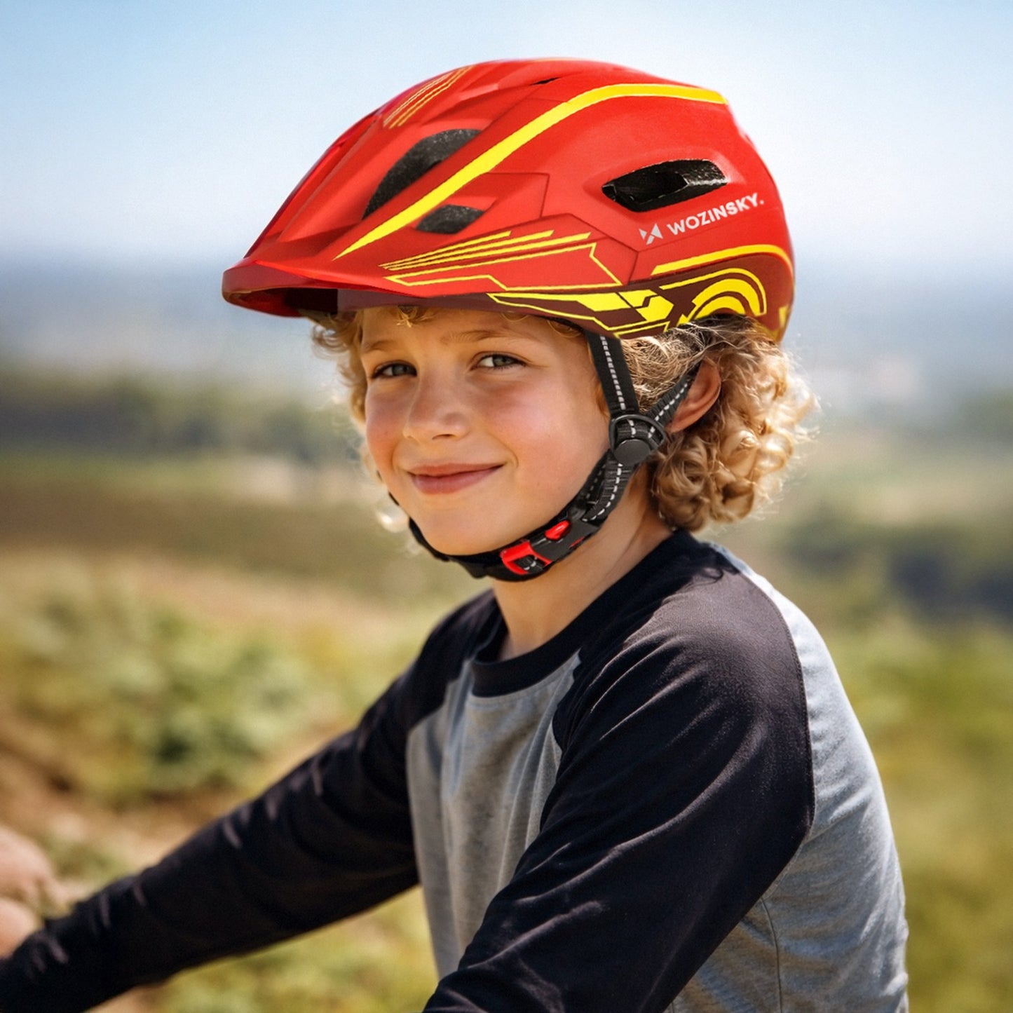 WOZINSKY Children's full-face bicycle helmet with USB rear light, 52-56 cm - red and yellow – image 9