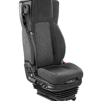 A Voyager C75 premium fabric seat with full air suspension, featuring heating/cooling, dual lumbar, tilt, and height-adjustable 3-point belt.