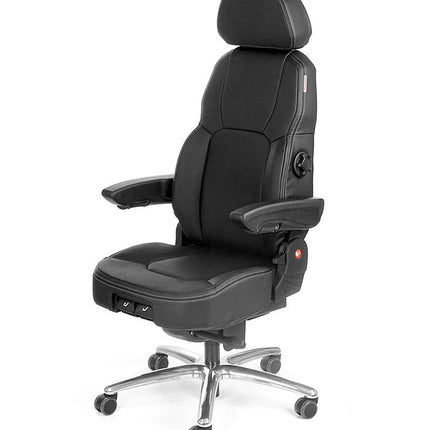 Black office chair with adjustable features on a white background, branded as UnitedSeats.