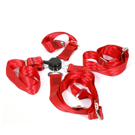 Red seat belt and strap set on a white background with 'UnitedSeats' branding.