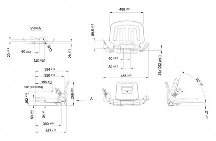 Technical drawing of a chair with dimensions labeled