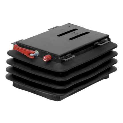 Stack of black off-road seating components with red fasteners on a white background, branded as UnitedSeats.