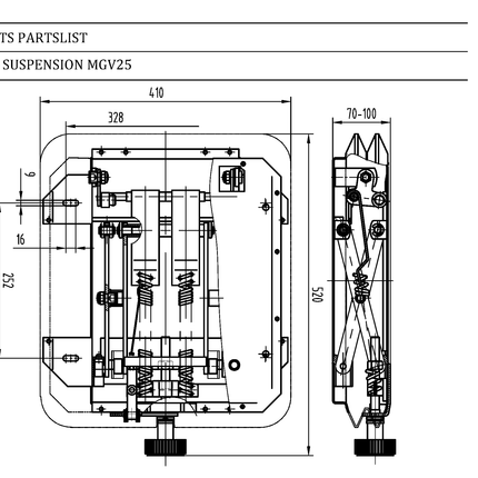 Technical drawing of a suspension MGV25 component with dimensions and UnitedSeats logo.