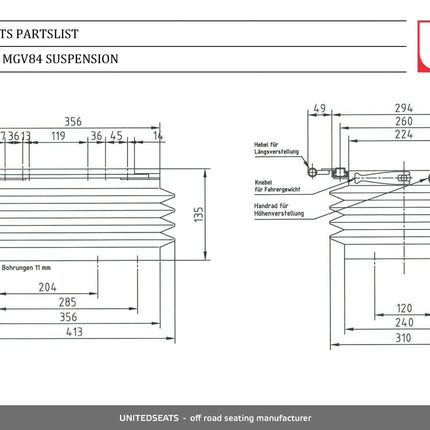 Technical drawing of a suspension system with dimensions and labels, featuring the UnitedSeats logo.