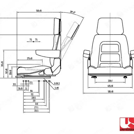 Technical drawing of a vehicle seat with dimensions labeled