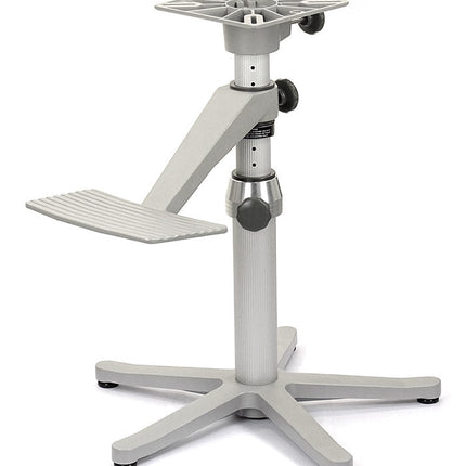 Gray adjustable stand with multiple platforms on a white background