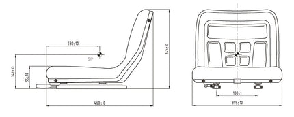 Technical drawing of a vehicle seat with dimensions labeled