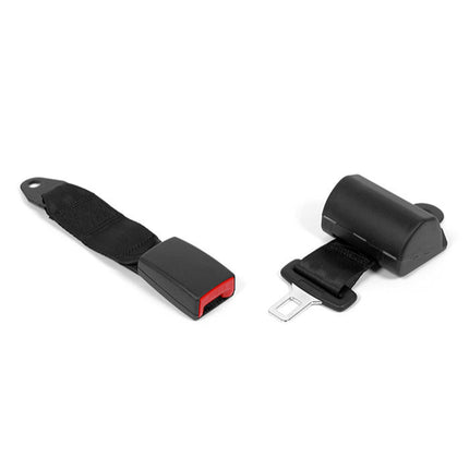 Black car seat belt with red buckle on a white background