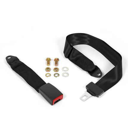Black car seat belt with hardware components on a white background