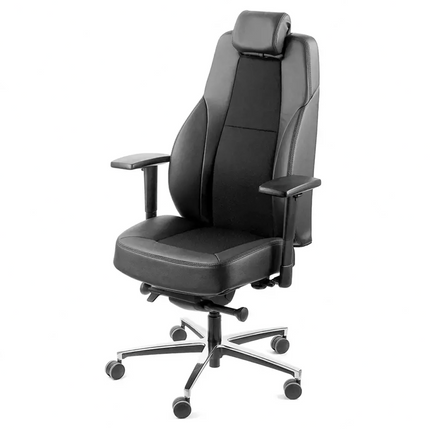 Black office chair with adjustable armrests on a white background