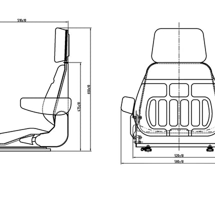 Technical drawing of a vehicle seat with dimensions labeled