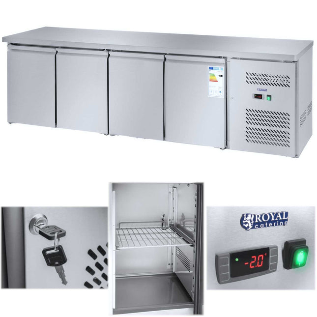 Royal Catering 4-door radiator table with stainless steel worktop from -2 to 8deg C 450L