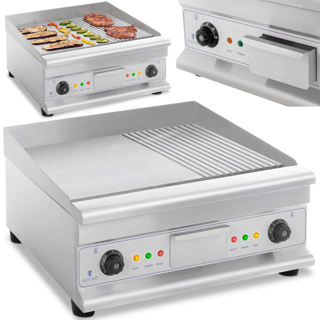 Royal Catering BBQ barbecue plate double smooth ribbed with fat drawer 230 V 2x 3200 W
