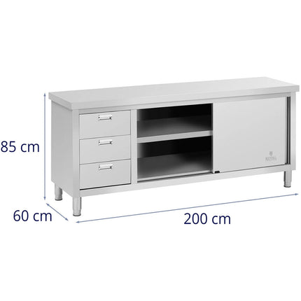Royal Catering Central worktop table with sliding door cabinet and 3 drawers 200 x 60 x 85 cm – image 6