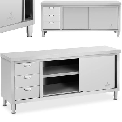 Royal Catering Central worktop table with sliding door cabinet and 3 drawers 200 x 60 x 85 cm