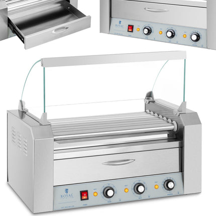 Royal Catering Heater roller grill for hot dog sausages with drawer and cover - 7 rolls