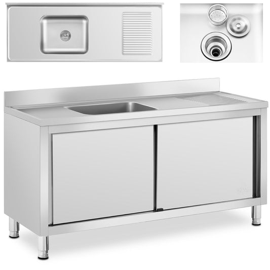Royal Catering Single chamber gastronomy sink with sliding door cabinet 160 x 60 x 94.5 cm