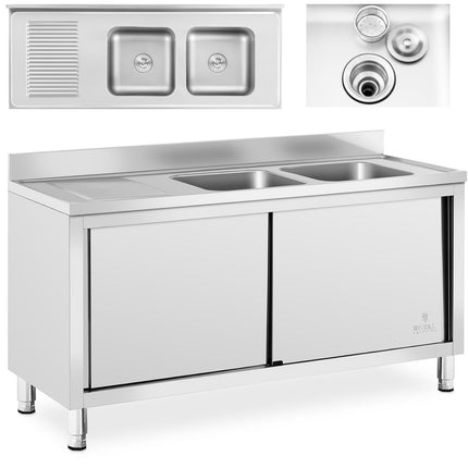 Royal Catering Double-chamber dining pool sink with sliding door cabinet 160 x 60 x 95 cm