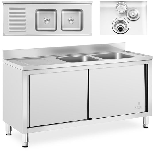 Royal Catering Double-chamber dining pool sink with sliding door cabinet 160 x 60 x 95 cm