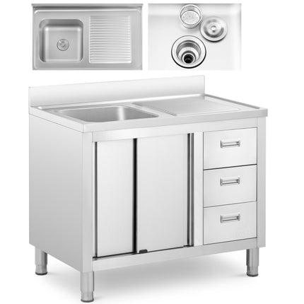 Royal Catering Sink dining pool with sliding door cabinet steel drawers 100 x 60 x 94.5 cm
