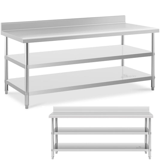 Royal Catering Worktop table steel stainless wall with a rally 2 shelves 200x90cm