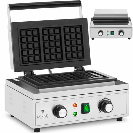 Royal Catering Waffle iron rectangular on 3 Belgian Waffles TEFLON 1500 W
