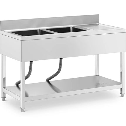 Royal Catering Two-bowl pool sink with drainer, shelf and rim, 140 x 60 x 97 cm