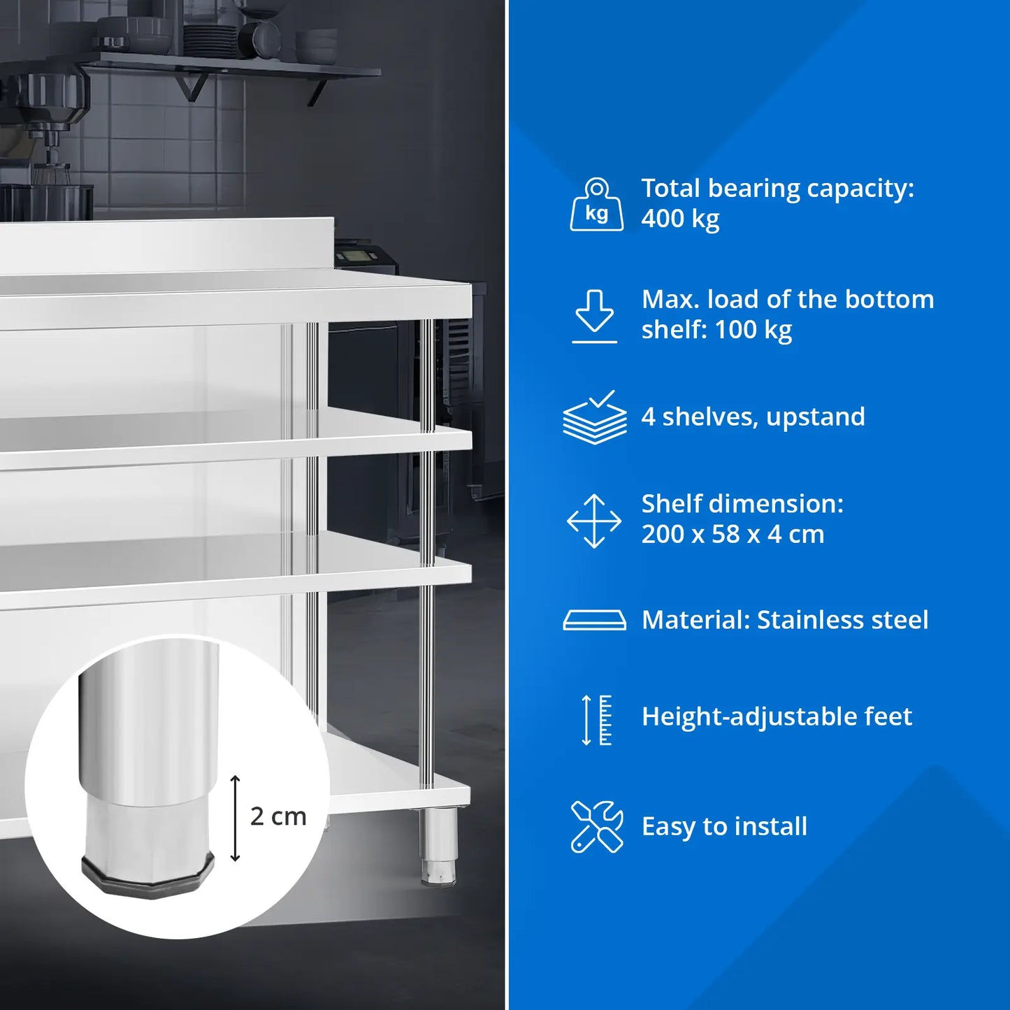 Royal Catering Gastronomy work bar table with edge, 4 shelves, STEEL 200 x 60 x 105 cm – image 3