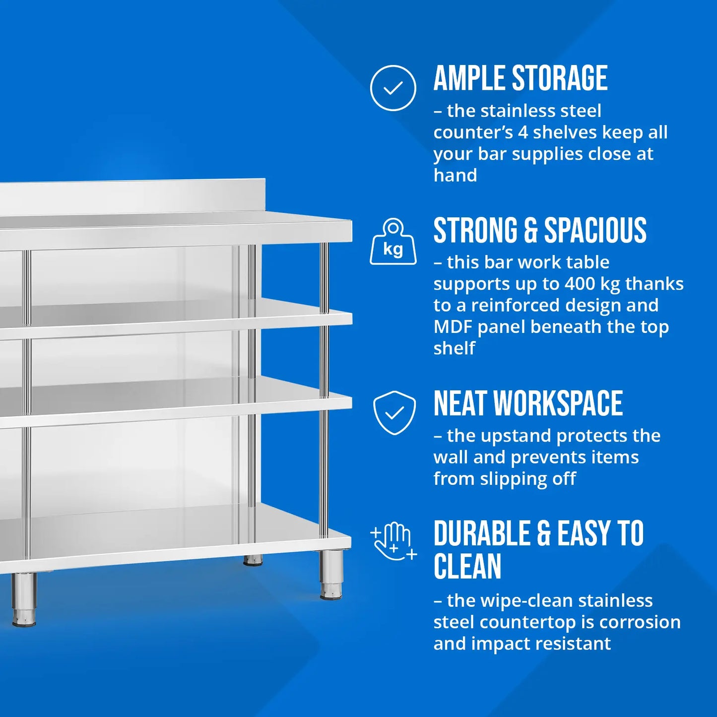 Royal Catering Gastronomy work bar table with edge, 4 shelves, STEEL 200 x 60 x 105 cm – image 4