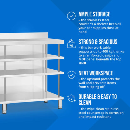 Royal Catering Gastronomy work bar table with edge, 4 shelves, STEEL 200 x 60 x 105 cm – image 4