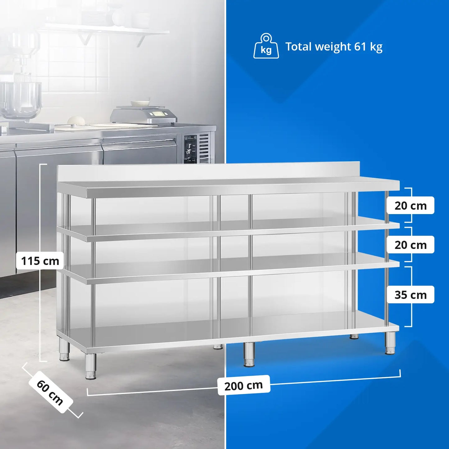 Royal Catering Gastronomy work bar table with edge, 4 shelves, STEEL 200 x 60 x 105 cm – image 5