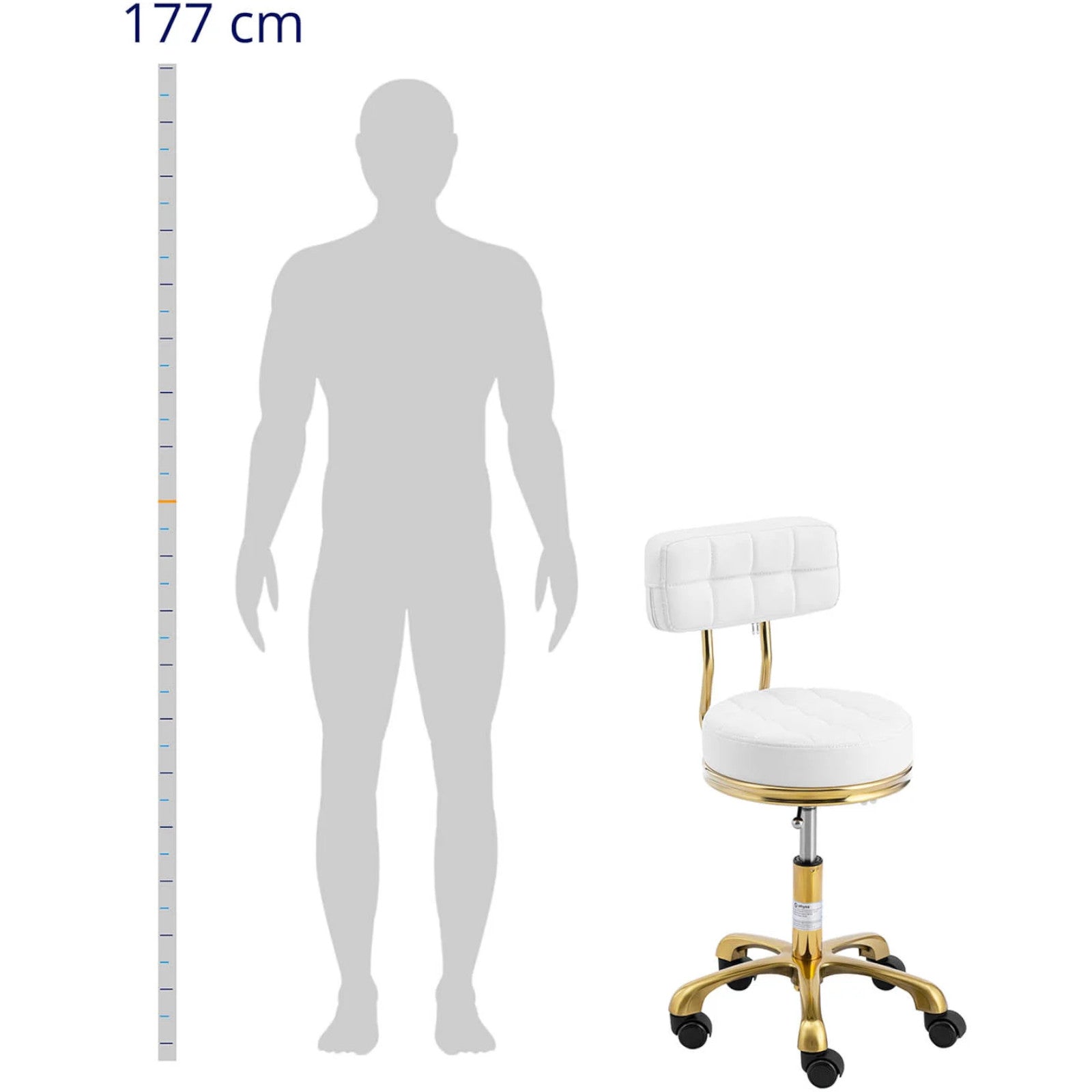 Physa Stool chair, cosmetic stool with backrest on wheels, up to 150 kg GELA, white and gold – image 3