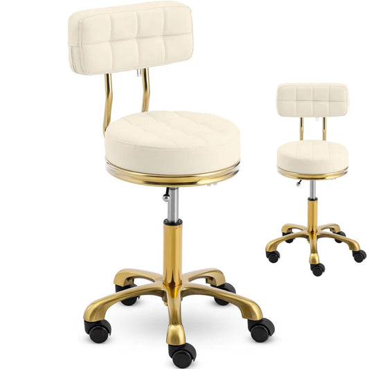 Physa Stool chair, cosmetic stool with backrest on wheels, up to 150 kg GELA, beige and gold