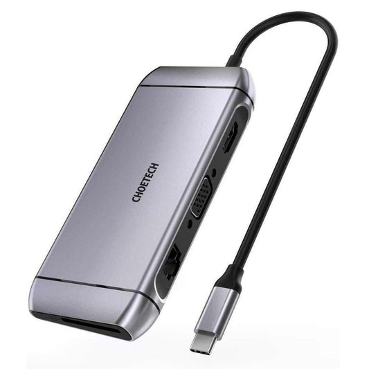 CHOETECH Multifunctional HUB USB card reader SD and TF HDMI 4K VGA Full HD RJ45 9w1 grey