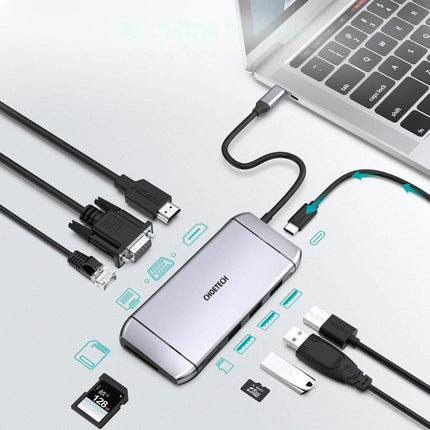 CHOETECH Multifunctional HUB USB card reader SD and TF HDMI 4K VGA Full HD RJ45 9w1 grey – image 3